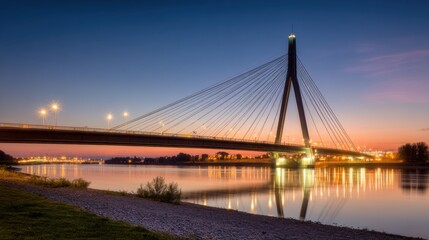 Obraz premium An illuminated suspension bridge spans a shadowed river,