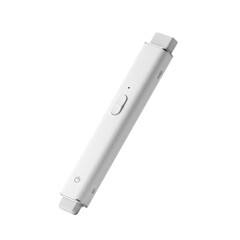 Modern sleek electric eraser, minimalist design, matte white finish, visible power button and tip, 3/4 view on transparent studio background with soft shadowless lighting, concept of precision and