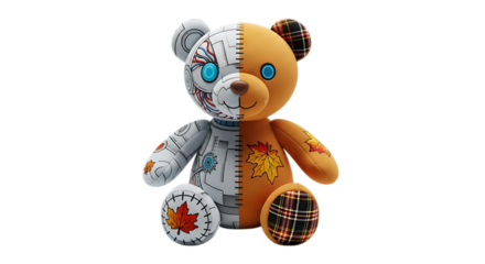 A teddy bear robot hybrid with autumn leaves isolated on transparent background