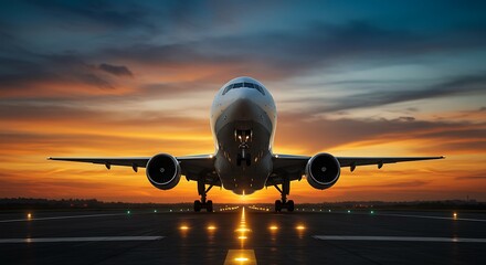 Naklejka premium Dramatic airplane takeoff at sunset on the runway with an amazing colorful sky and lights leading into the distance promising travel