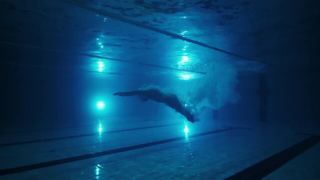 Professional swimmer trains in the pool, underwater view. Female swimmer dives and swims fast during swimming work out in the empty morning pool