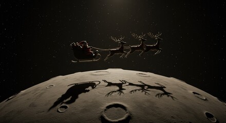 Santa Claus and reindeer sleigh fly over the moon casting shadows on lunar surface at Christmas