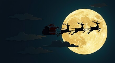 Santa Claus and reindeer silhouette flying across full moon for Christmas Eve magic atmosphere