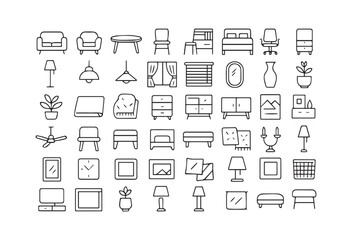 Furniture Icons Set Chairs Tables Beds and Home Decor Elements