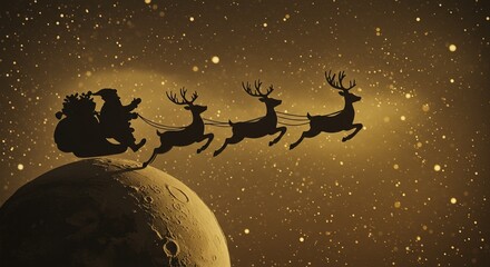 Magical Santa's sleigh silhouette flying over moon with reindeer in golden dreamy night sky