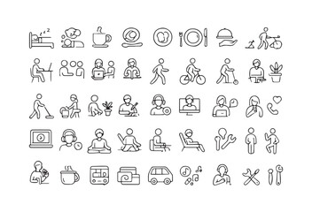 Collection of simple black line icons representing daily activities and objects activity