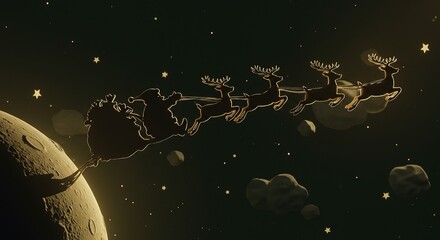 Santa's sleigh pulled by reindeer soaring past the moon under a starry night sky, a magical Christmas scene