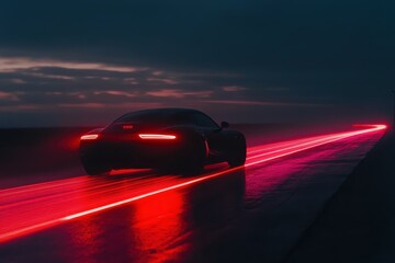 Obraz premium Car in slow motion with glowing tail lights on wet road at dusk during a rainstorm, The car is moving in slow motion, with the effect of red light stripes