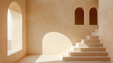 Stairs lead to arched openings in a sunlit space