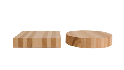 Minimalist display featuring wooden geometric podiums isolated on a transparent area, suitable for