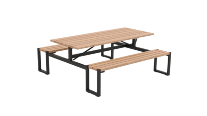 Minimalist picnic table with light wood planks and a sturdy metal frame on isolated transparent