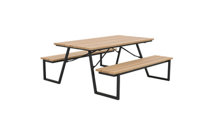 Isolated picnic table with wooden surface and sturdy metal frame, showcasing modern outdoor