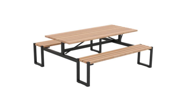 Minimalist picnic table with light wood planks and a sturdy metal frame on isolated transparent