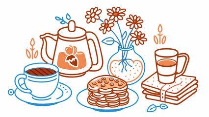Hand Drawn Breakfast Illustration with Tea, Pancakes, Flowers, and Books

