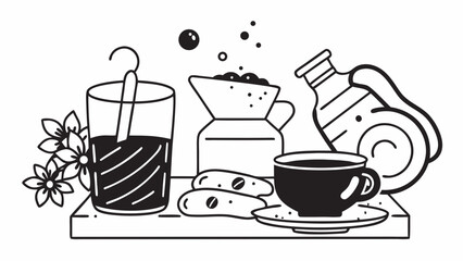 Black and White Coffee and Breakfast Illustration with Cup, Jug, and Pastries


