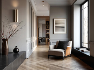 Fototapeta premium Aesthetic beautiful elegant modern luxury interior design. Clear mock up empty wall for decoration in the apartment, painting frame. Copy space in the room.