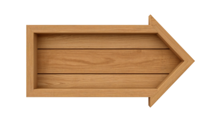 Directional wooden arrow pointing right with layered plank construction on transparent