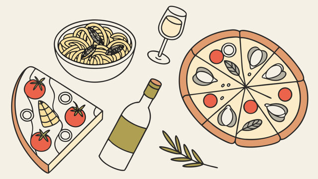 Vector illustration of pizza and food set with wine glass bottle and dining utensils