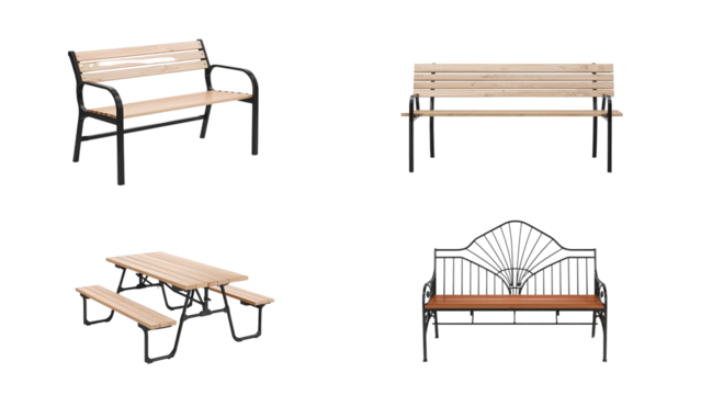 Assortment of Outdoor Seating Options Featuring Benches and a Picnic Table on Isolated Space