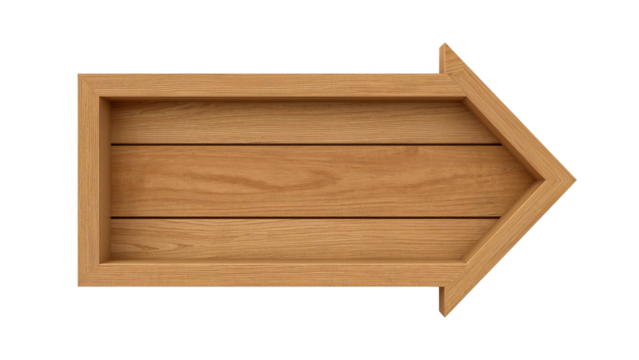 Directional wooden arrow pointing right with layered plank construction on transparent