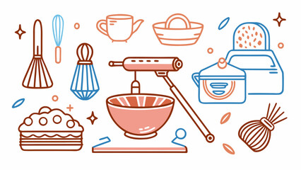 A flat illustration showcasing a collection of baking tools and kitchenware essentials.