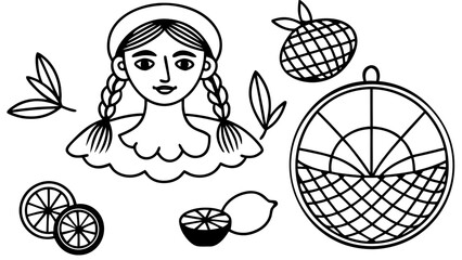 Stylized black and white illustration of a woman with braided hair surrounded by citrus fruits and leaves