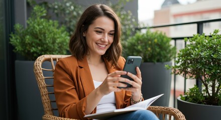 A young woman smiles as she uses her smartphone while sitting in a wicker chair on a balcony surrounded by lush greenery