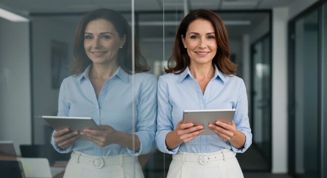 A confident and professional businesswoman smiles while holding a tablet in a modern office environment, reflecting her success and technological proficiency