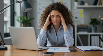 A stressed young woman with curly hair holds her head in her hands while looking at a laptop on her desk in an office