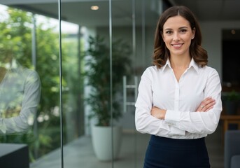 A smiling businesswoman with mediumlength brown hair, wearing a white shirt, dark skirt, and a smartwatch, stands with crossed arms in a contemporary office