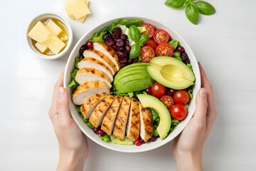 Overhead shot of chicken salad with avocado and tomatoes
