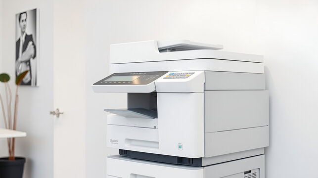 Photocopier printer, The copier or photocopy machine office equipment workplace on white wall background for scanner or scanning document and printing or copy paper duplicate and Xerox.