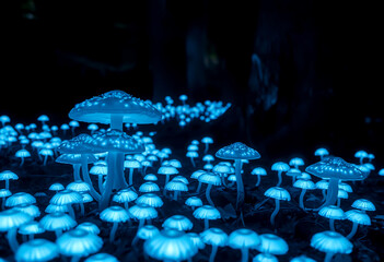 Glowing blue bioluminescent mushrooms in a magical dark forest, creating a surreal fantasy mood.