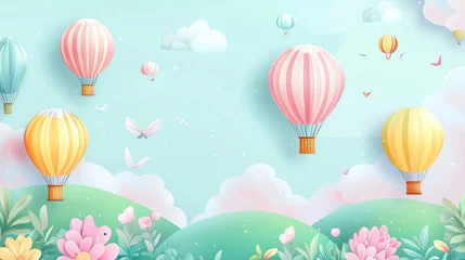 Wanddecoratie Luchtballon Pastel hot air balloons floating above a spring landscape.  © isend