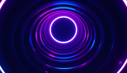 Abstract concentric circles of vibrant purple and blue neon light glow in the dark, creating a hypnotic tunnel effect.
