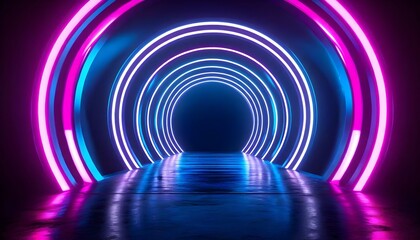 Neon tunnel of vibrant pink and blue circles, glowing brightly in a dark space, creating a futuristic, abstract scene.