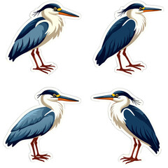 Four Stylized Herons in Various Poses Featuring Detailed Feathering and Beaks.