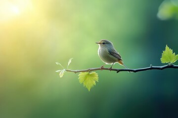 Obraz premium Kinglet perched on branch before taking flight at dawn, kinglet sits on a branch and then flies away