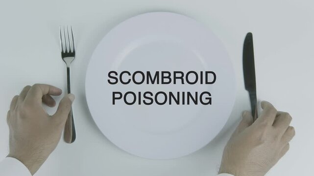 Scombroid Poisoning word on a plate with hands holding fork and knife on white background, symbolizing foodborne illness, safety, and health awareness concept illustration