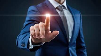 Confident businessman in blue suit points to bright future, engaging with innovative technology