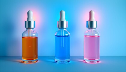 Three glass dropper bottles filled with colorful liquids, illuminated against a gradient background.