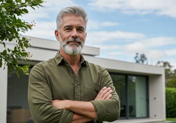A handsome and confident senior man with grey hair and a beard stands outdoors with his arms crossed in front of a modern house