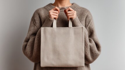 Woman In Brown Knit Sweater Carrying A Beige Tote Bag With Geometric Pattern