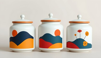 Three decorative ceramic jars with lids, each featuring a unique landscape design with stylized mountains, suns, and flowers.