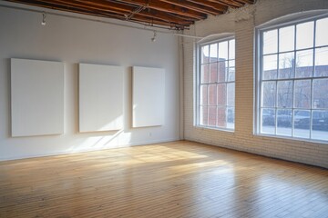 Fototapeta premium Bright gallery with blank canvases