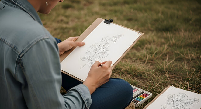 Woman drawing floral design outdoors - Powered by Adobe