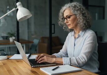 A focused senior woman with gray curly hair and glasses types on her laptop at a wooden desk in a modern office setting