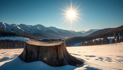 A weathered tree stump sits in a snowy landscape, with majestic mountains in the background under a bright sun.