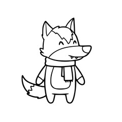Fototapeta premium Simple black and white cartoon fox wearing scarf in minimalist doodle illustration