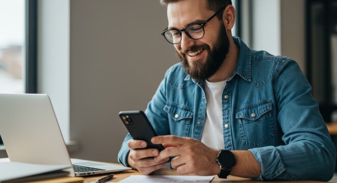 A smiling bearded man wearing glasses and a denim shirt is happily looking at his smartphone while sitting at a desk with a laptop in a modern office